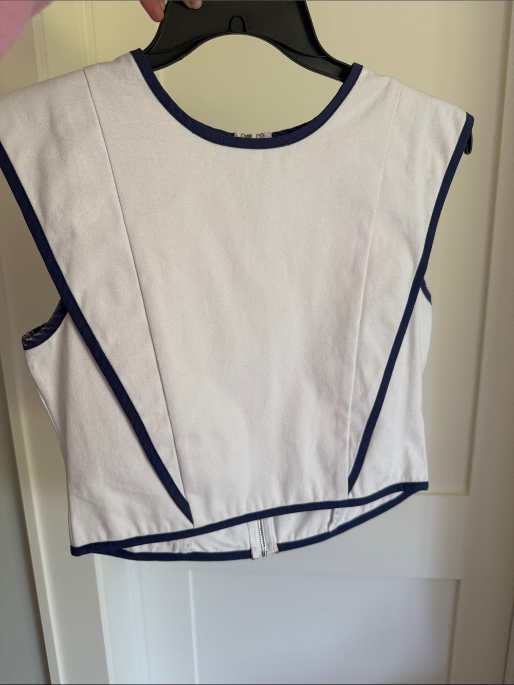 White Crop Top with Navy Trim - Sleeveless Women's Top